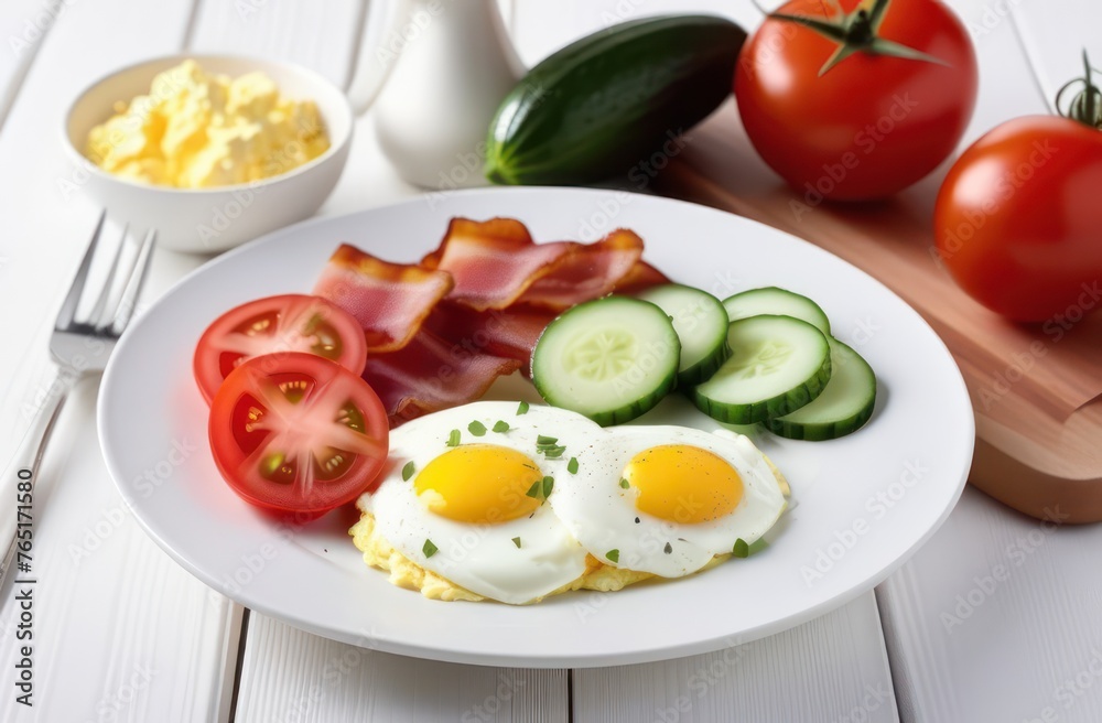 scrambled eggs with bacon and fresh cucumbers and tomatoes in slices lie on white plate white wooden table scrambled eggs with bacon and fresh cucumbers and tomatoes in slices lie on white plate white wooden table