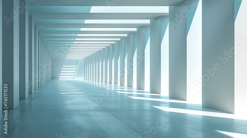 An architectural interior. Series of columns and beams creating a symmetrical corridor that recedes into the distance. Cool blue light. Repetition of shapes. Light and shadows.