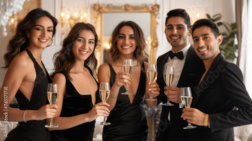 A group of people in formal attire toasting with champagne glasses in a festive setting.