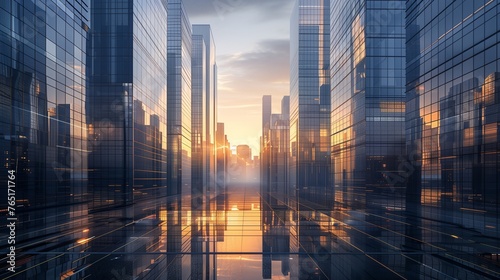 Majestic Urban Oasis: Reflective Skyscrapers Towering Over this image featuring sleek, mirror