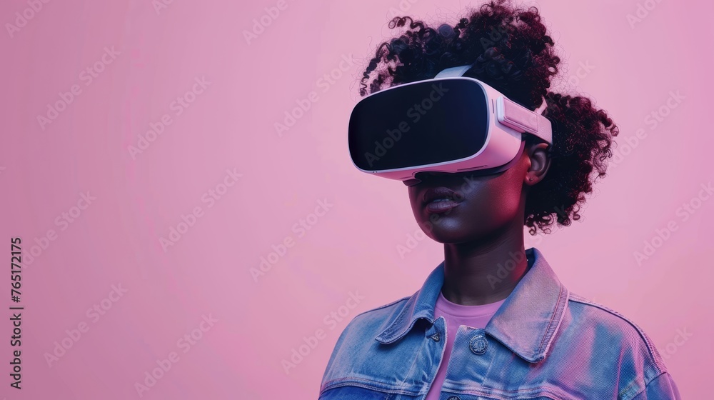 Portrait of a woman with virtual reality headset on pink background. Futuristic technology and entertainment concept