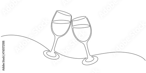 Continuous one line drawing of two glasses of red wine. Editable stroke Vector illustration