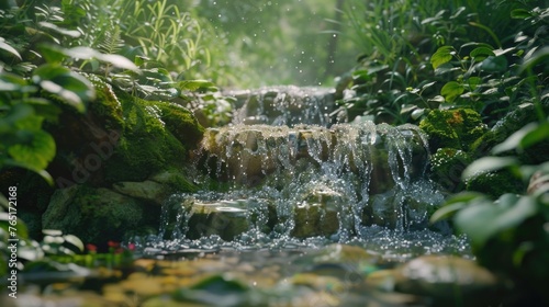 A serene scene of a small waterfall in a lush green forest. Ideal for nature and relaxation concepts