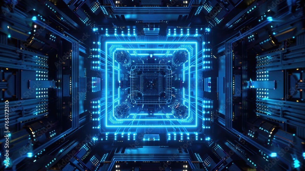 A computer circuit board with blue lights in a dark room. Suitable for technology concepts A computer circuit board with blue lights in a dark room. Suitable for technology concepts