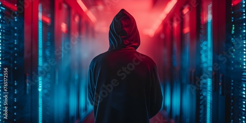 A hooded hacker infiltrates a futuristic citys government data servers infecting them with a virus. Concept Futuristic Cyberattack, Hacker Intrusion, Government Data Breach, Virus Infection