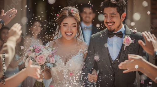 A newlywed couple is joyfully exiting the ceremony while guests throw confetti.