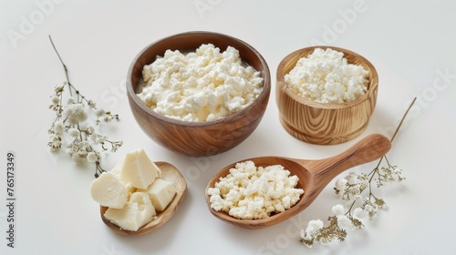 A bowl of cottage cheese with two wooden spoons. Perfect for healthy eating concepts