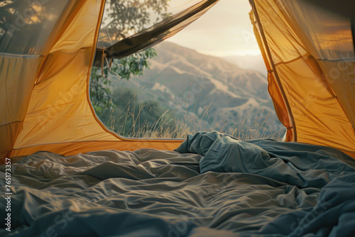 A tent with a breathtaking view of the mountains. Ideal for outdoor and adventure concepts