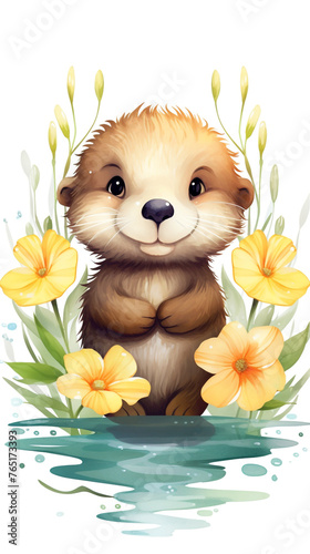 most cute handly drawn boho sea otter illustration sorrounded by water lilies сreated with Generative Ai photo