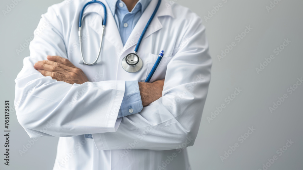 A medical professional in a white lab coat stands with arms crossed, wearing a stethoscope. A medical professional in a white lab coat stands with arms crossed, wearing a stethoscope.