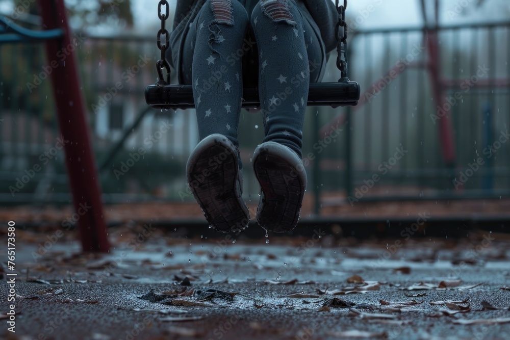A person sitting on a swing in the rain. Suitable for various concepts - obrazy, fototapety, plakaty 