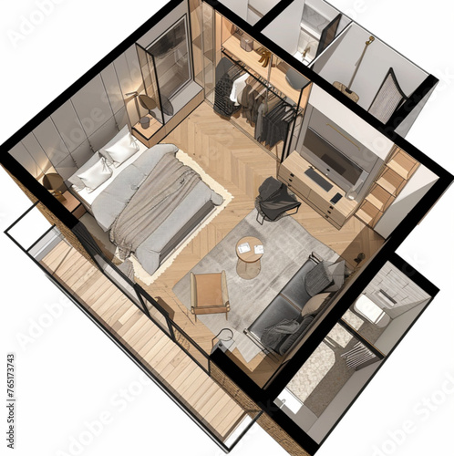 design of a 3-room apartment 96 square meters with a dressing room in the large bedroom and a guest bedroom