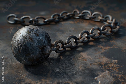 A ball and chain resting on a table, suitable for concepts of restriction and confinement photo