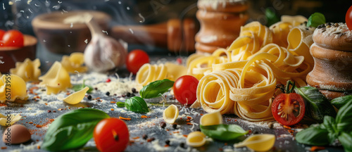 Various types of pasta displayed on a table, perfect for food and cooking themes