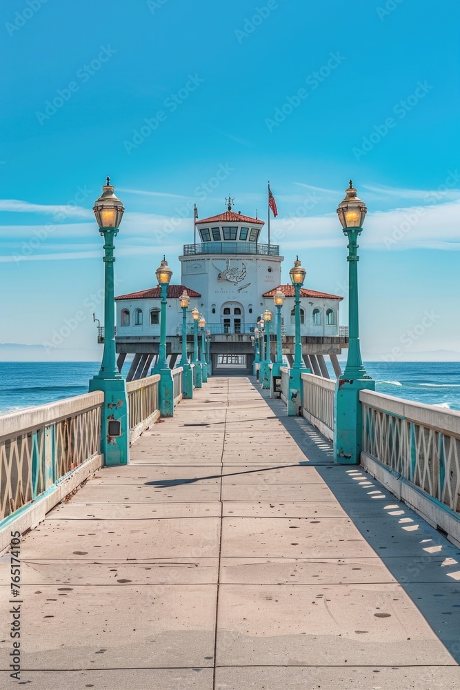 A pier with a building in the background. Suitable for travel websites