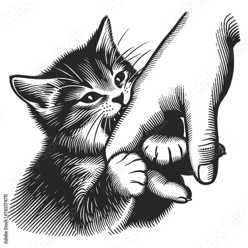 Kitten bites hand sketch engraving generative ai fictional character vector illustration. Scratch board imitation. Black and white image.