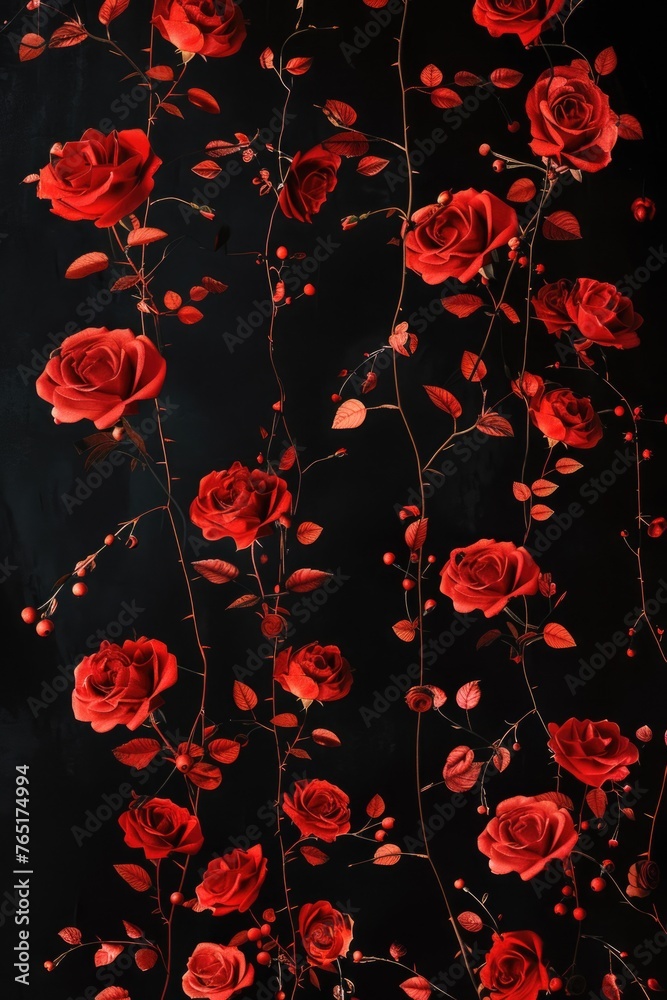 Beautiful red roses on a dark black background, perfect for romantic occasions or elegant designs
