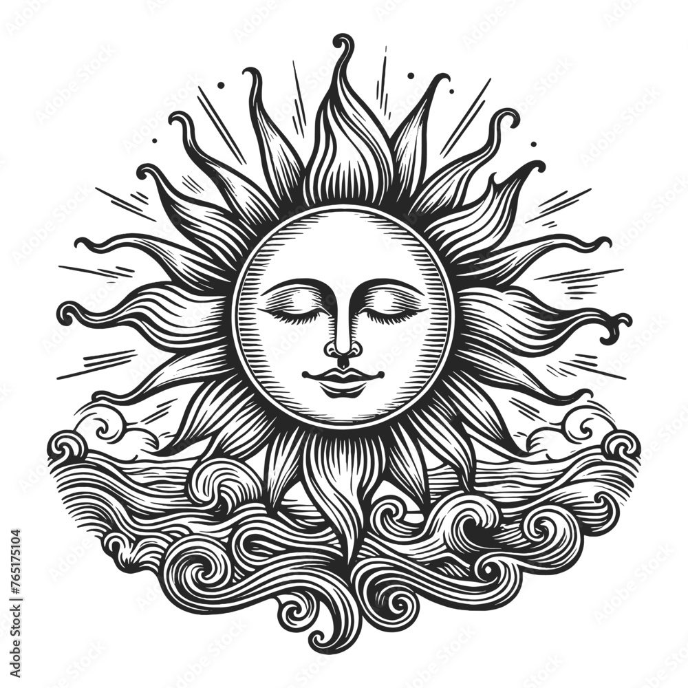 sun with face and radiating beams sketch engraving generative ai vector illustration. Scratch board imitation. Black and white image.