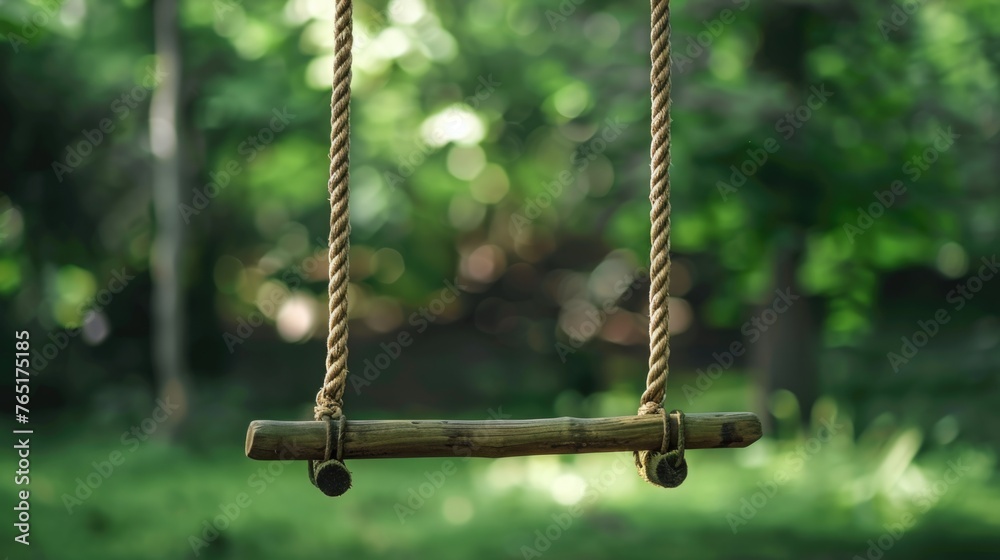 A wooden swing hanging from a rope in a park. Ideal for outdoor and nature concepts - obrazy, fototapety, plakaty 