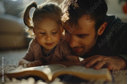 A man reading a book to a little girl. Suitable for educational and family themes