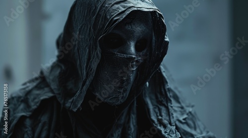 A mysterious figure wearing a hood with their face hidden. Suitable for various dark and secretive concepts