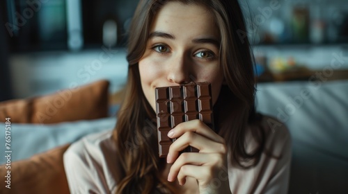 A woman holding a chocolate bar, perfect for food and lifestyle concepts