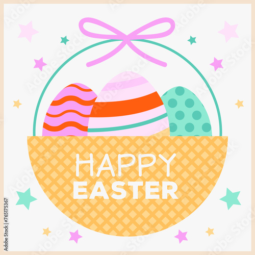 Vector Illustration of Happy Easter Holiday with Painted Egg, Rabbit Ears and Flower on Shiny Blue Background. International Celebration Design with Typography for Greeting Card, Party Invitation