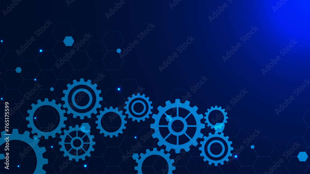 Cogs and gear wheel with hexagons patter. High digital technology and engineering concept on dark blue background.