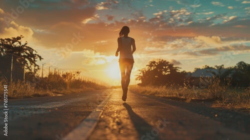 Woman walking down road at sunset, suitable for travel themes