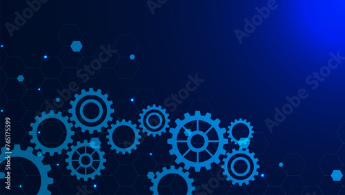 Cogs and gear wheel with hexagons patter. High digital technology and engineering concept on dark blue background.