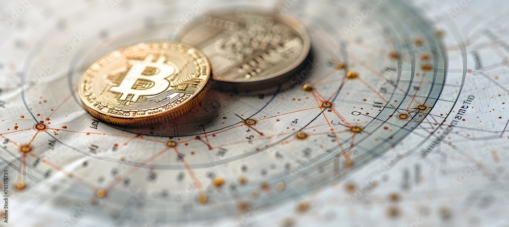 Fototapeta premium A closeup of two European coins placed on top of an astrological chart, symbolizing the connection between distant stars and money management
