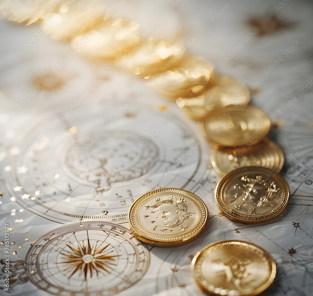 Photo of gold coins and a base depicting the sun, moon and stars in an ancient astrological chart with  gold coins placed next to it, financial advertising design