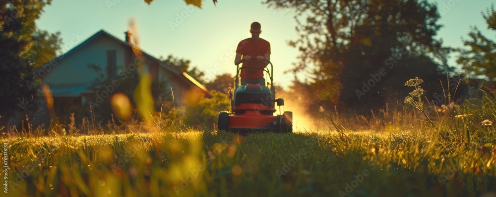 Vibrant image of a man riding a lawnmower, cutting grass in the golden hour light.