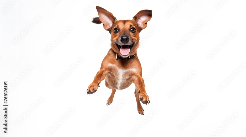 dog jumping on white background, looking at camera