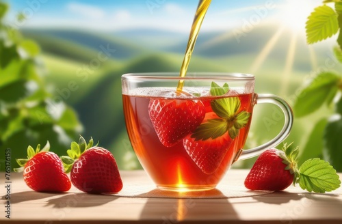 strawberries and leaves are poured into a glass cup of tea on top on a bright sunny background 