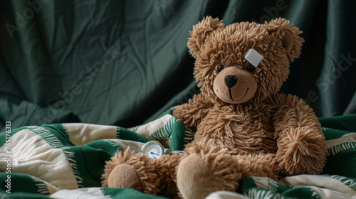 A teddy bear with a thermometer is nestled in a green and white checkered blanket.