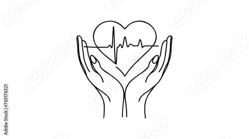 Continuous one line drawing heart pulse in hands logo icon. Black and white colors. Heartbeat lone, cardiogram.