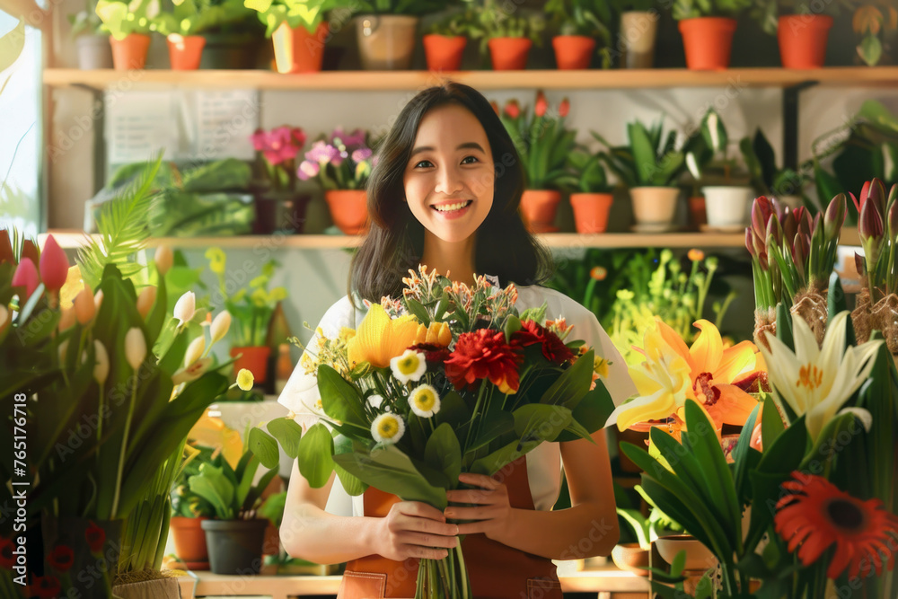 A cheerful florist in an apron, holding a bouquet of flowers. The surrounding area is filled with a variety of flowers and plants, showing a flower shop environment. This depicts the occupation