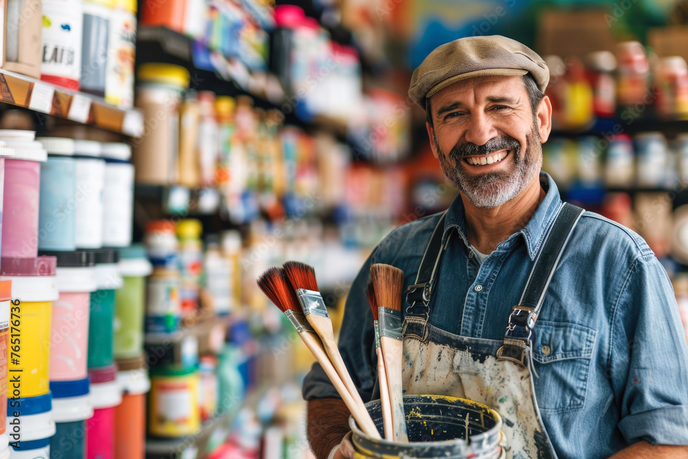 A cheerful man in a paint store holding brushes and a bucket of paint, possibly choosing supplies for home improvement or a professional painting job