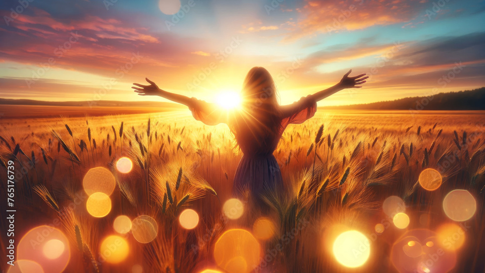 Golden Field and Silhouette Greeting the Sunrise - obrazy, fototapety, plakaty 