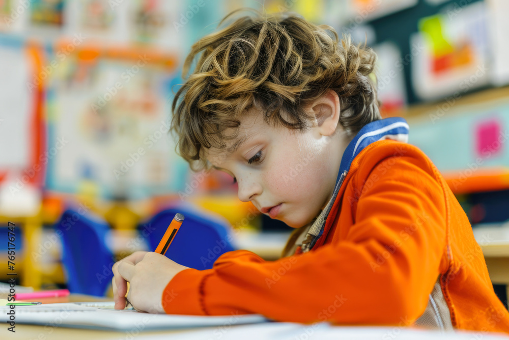 A classroom scene featuring a diligent schoolboy writing exercises. The focus on the boy suggests an emphasis on education and the studious atmosphere of the classroom A classroom scene featuring a diligent schoolboy writing exercises. The focus on the boy suggests an emphasis on education and the studious atmosphere of the classroom
