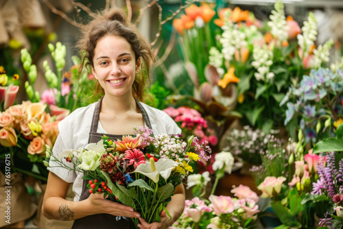 A cheerful florist in an apron, holding a bouquet of flowers. The surrounding area is filled with a variety of flowers and plants, showing a flower shop environment. This depicts the occupation © romanets_v