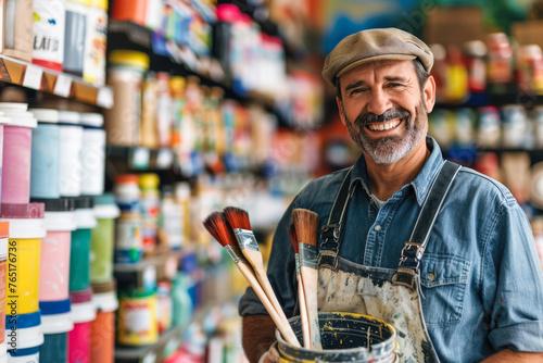 A cheerful man in a paint store holding brushes and a bucket of paint, possibly choosing supplies for home improvement or a professional painting job