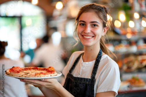 A friendly waitress in a restaurant holding a plate of pizza  ready to serve customers in the background  showcasing hospitality and food service