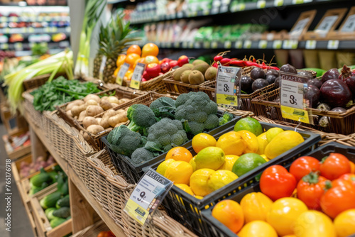 A vibrant display of fresh fruits and vegetables neatly organized in baskets at a supermarket, with pricing labels indicating a retail setting