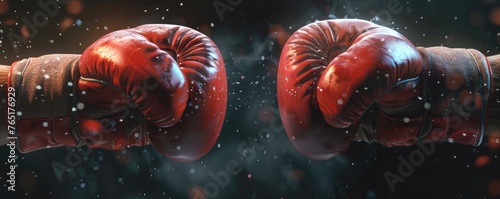 Two boxing gloves facing each other with water droplets in the air  suggesting a powerful impact or confrontation
