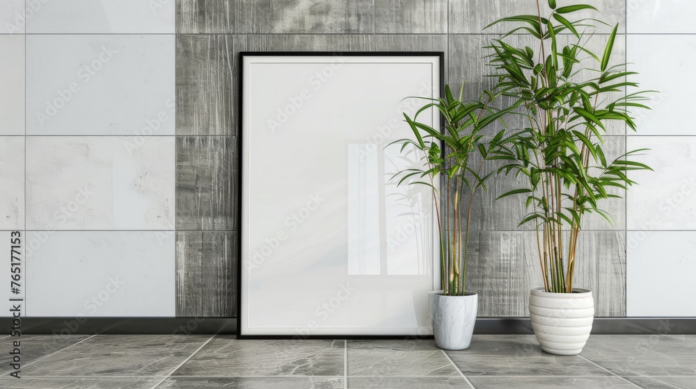 Potted bamboo beside a large blank picture frame against a textured wall Potted bamboo beside a large blank picture frame against a textured wall