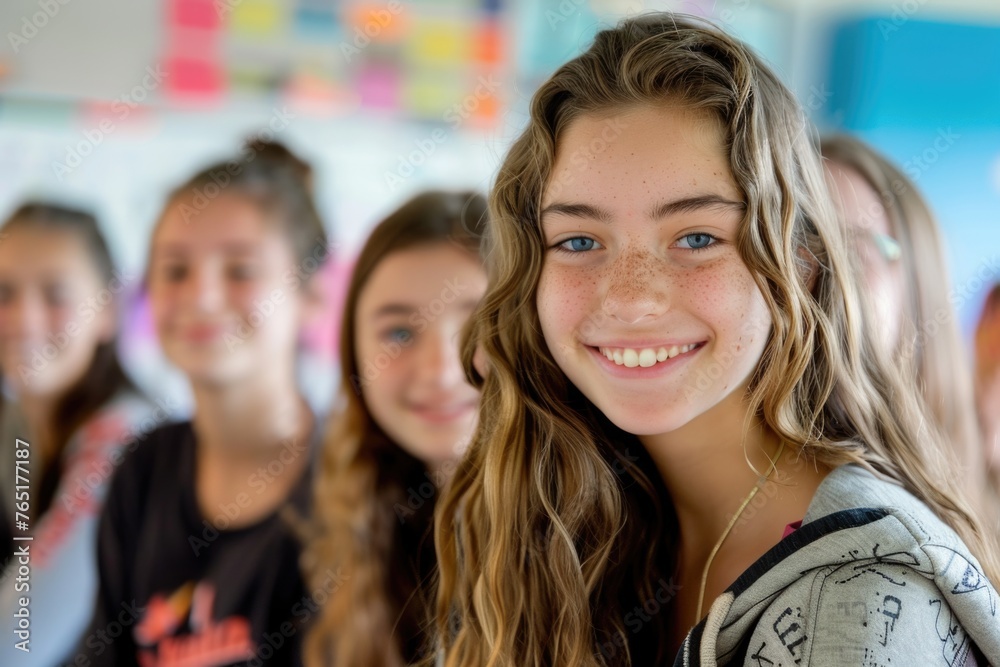 Teenage students in a classroom setting, with one girl in the foreground smiling at the camera, indicating a positive educational environment
