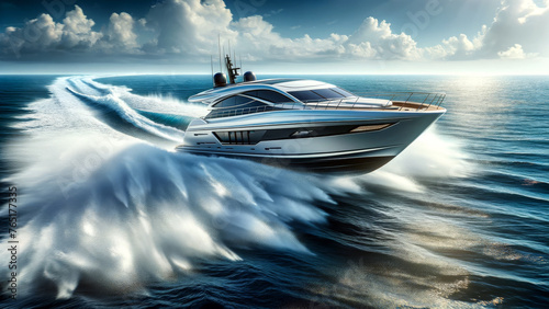 High-Speed Elegance White Hull Yacht over Ocean Waves © ANDREY PROFOTO