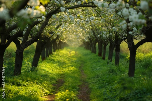 A serene country path meanders through an orchard of trees heavy with white spring blossoms, bathed in soft sunlight